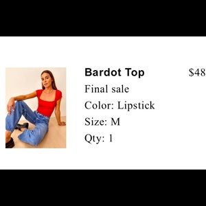 Reformation Bardot top, size medium, color lipstick, new without tags